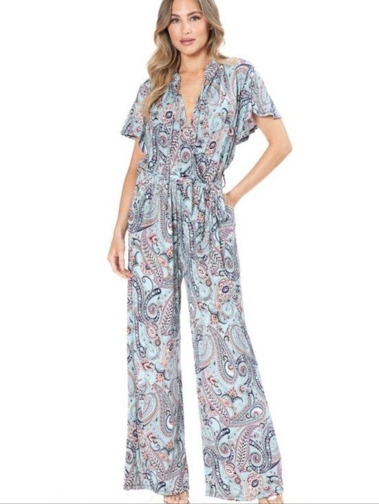 Pants - Paisley Print Light Blue Wide-Leg Jumpsuit with Drawstring
